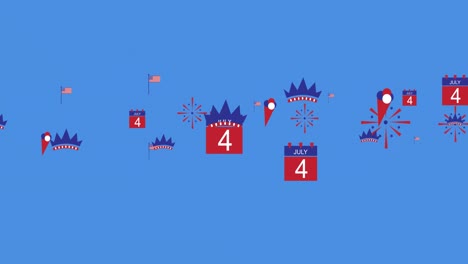 animation of american flags and independence day icons moving over blue background