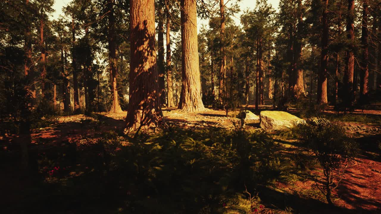 캘리포니아 의 세코이아 국립 공원 에서 여름 에 거대한 세코이아 나무 들 을  ⁇ 고 있다