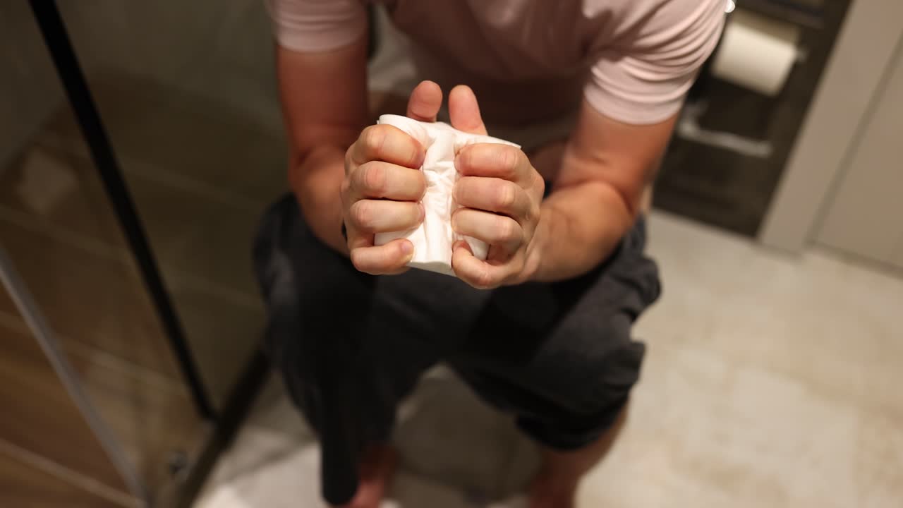 A person holding toilet paper in a bathroom
