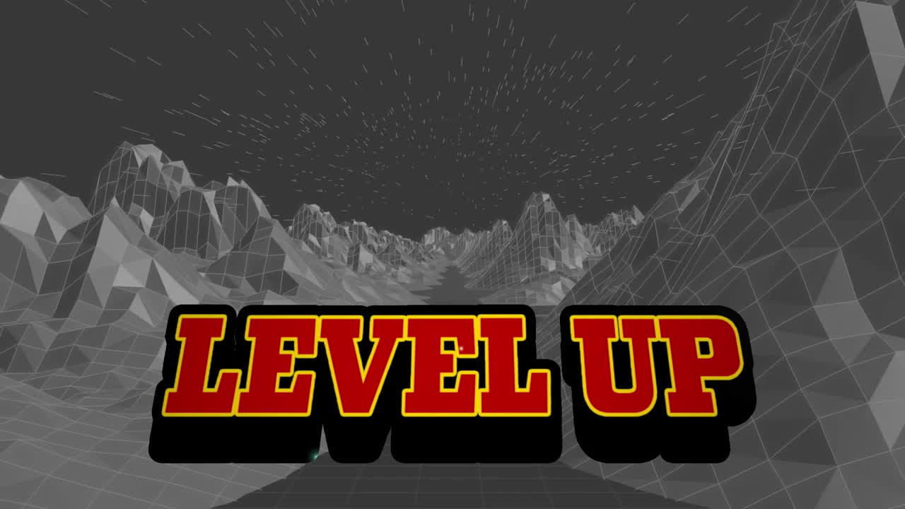 검은색 배경의 메타버스 위에 레벨 업 텍스트의 애니메이션