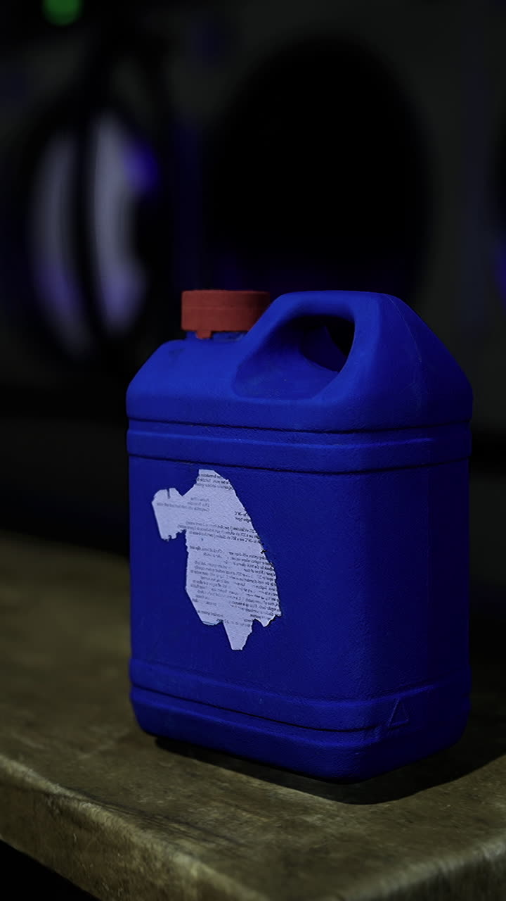 Blue container on wooden surface in a dimly lit laundromat at night