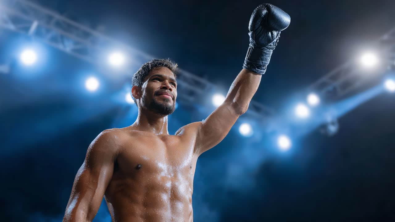 A triumphant boxer raises his fist in victory after an intense match, showcasing his dedication and skill in the ring, surrounded by bright stage lights and an electrified audience