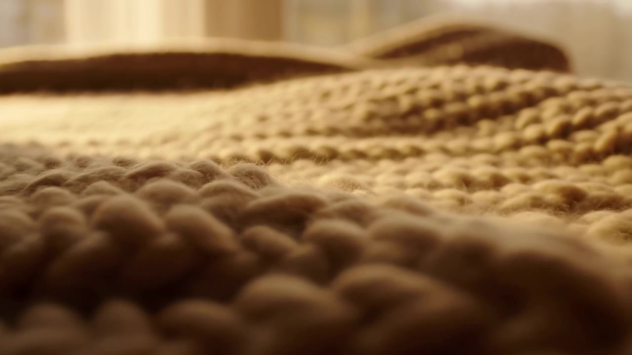 Primo piano dal basso di una coperta a maglia grossa che riempie i due terzi inferiori dell'inquadratura, illuminata da una luce soffusa e calda proveniente dalla finestra sullo sfondo. Sono visibili le trame.