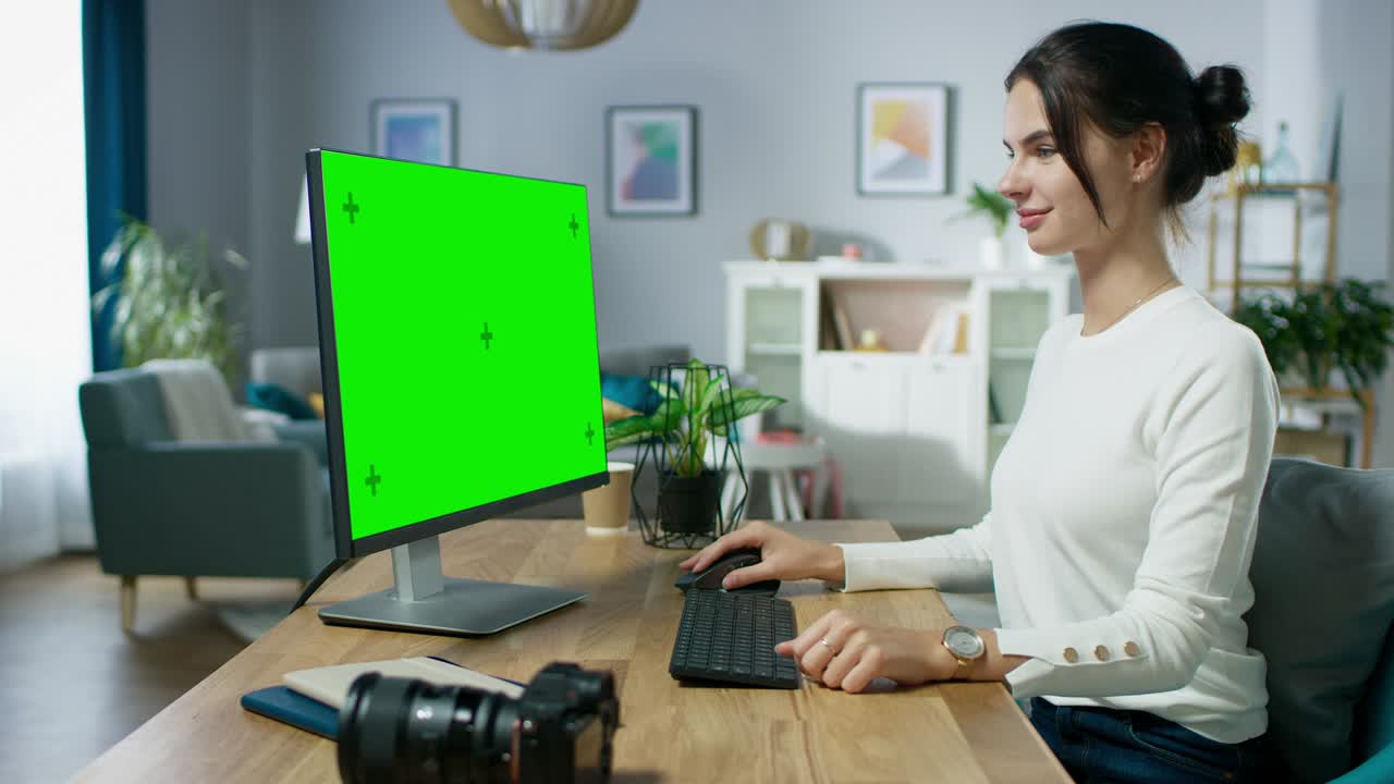 una hermosa joven fotógrafa trabaja en una pantalla de maqueta verde en una computadora personal mientras está sentada en su escritorio en el acogedor apartamento.