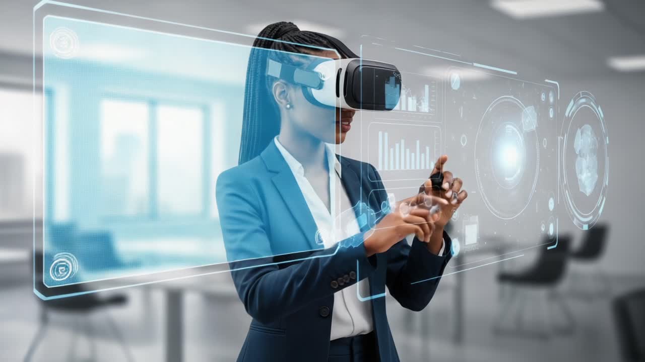 Immersive Virtual Reality Experience: A Professional Woman Engaging with Interactive Data Visualization in a Modern Office Setup