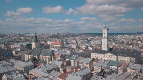 Aerial-City-Lviv,-Ukraine.-European-City.-Popular-areas-of-the-city.-Rooftops