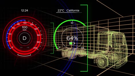 Animation-of-data-processing-and-3d-car-model-on-screen