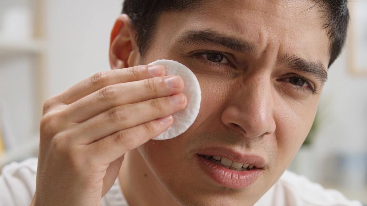 Seeing white streak, man pressing cotton pad and wiping right cheek at vanity, removing product