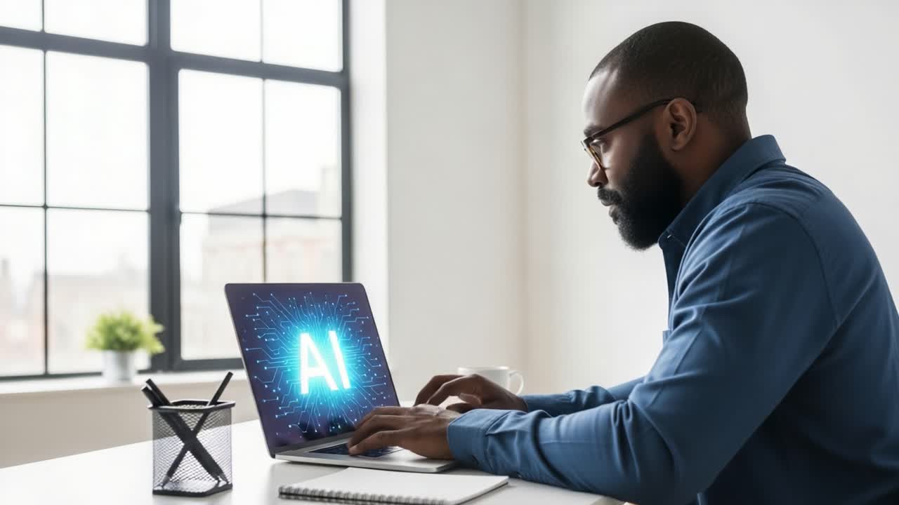 A focused individual engages with advanced artificial intelligence technology on a laptop, showcasing the integration of modern innovation in everyday work environments