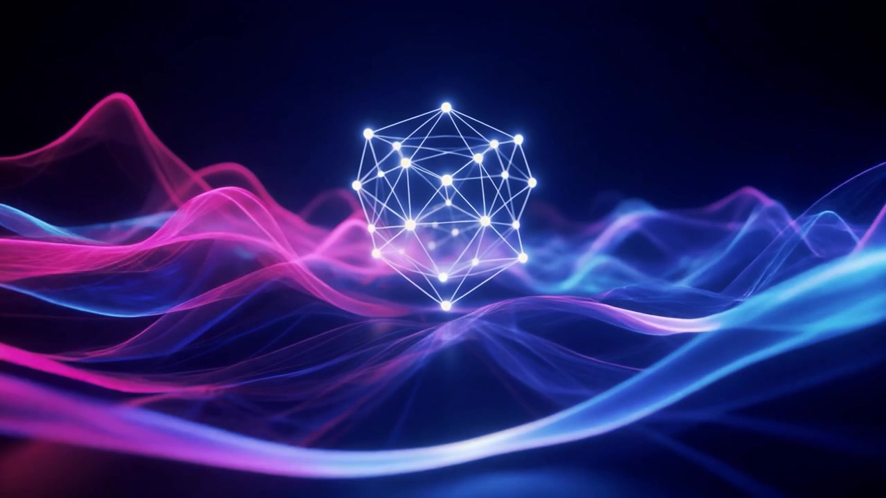 Sfera di rete geometrica luminosa fluttuante sopra onde astratte al neon