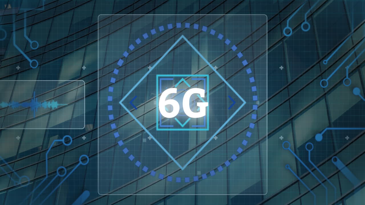 Animation of 6g text, data processing and computer circuit board