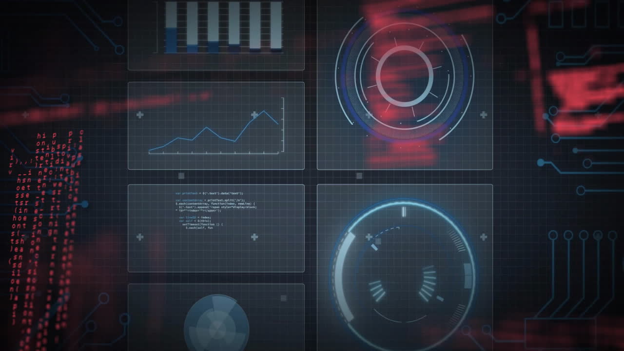 Graphs and circular charts animating on digital interface for data processing