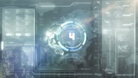 animation of scope scanning with countdown over data processing and cityscape