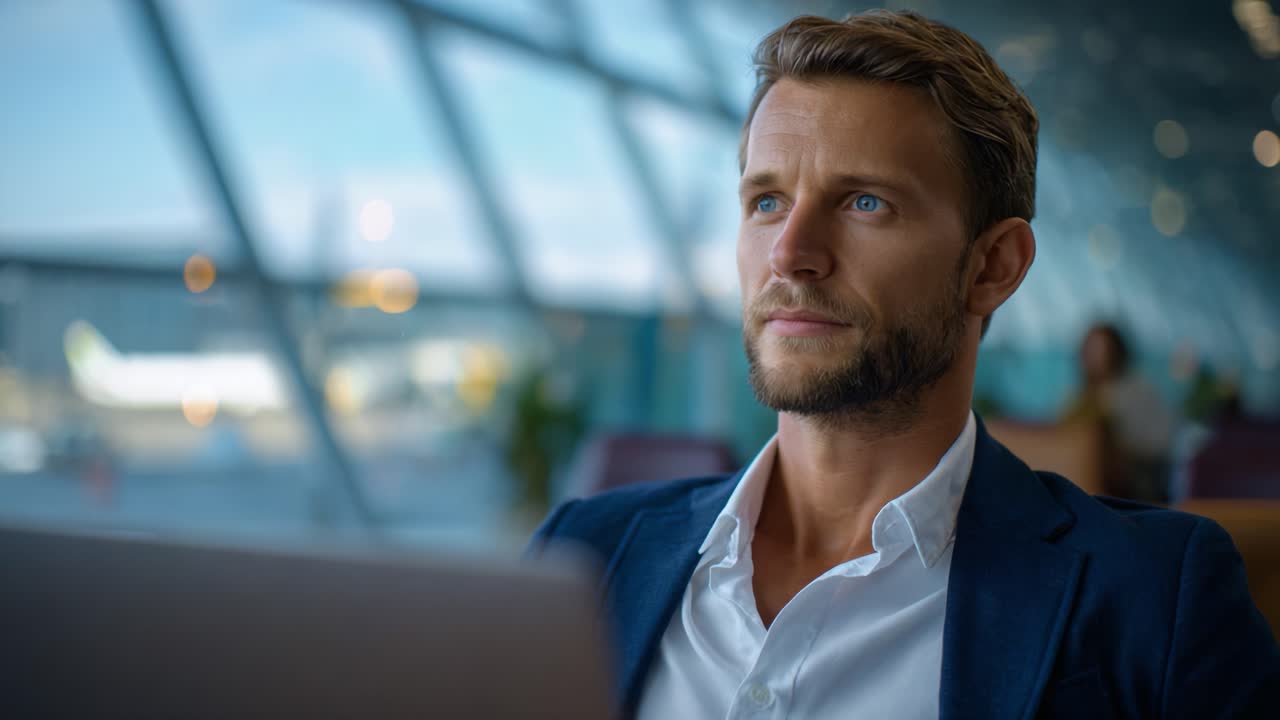 Introspective businessman at an airport lounge, focused on his laptop, capturing the essence of travel, work, and contemplation in a busy environment