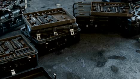 boxes with modern weapons and ammunition in a military warehouse. looping 3d animation.