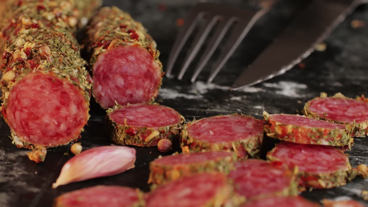 Mix of spanish pork sausages, Cutting board of appetizing catalonian snack - fuet, jamon, chorizo, olives, supermarket tapas food in spain, traditional cuisine.