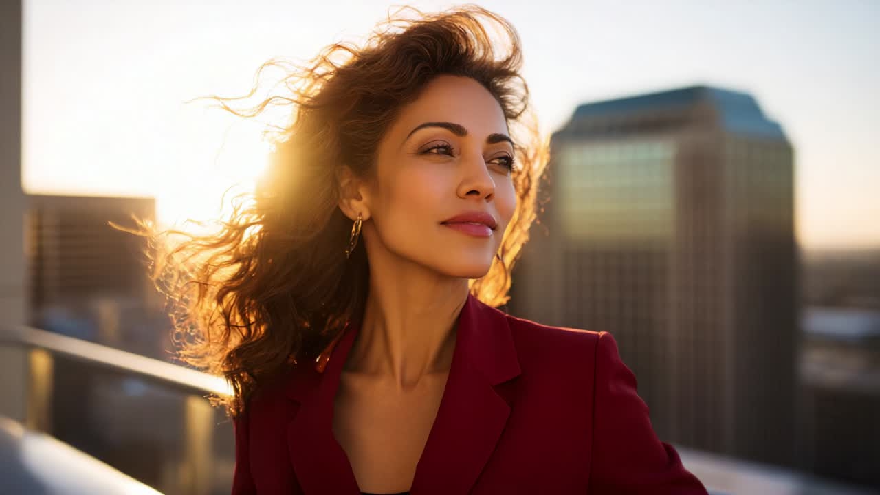 Captivating Portrait of a Confident Woman Positioned Against a Vibrant Sunset, Showcasing Natural Beauty, Grace, and Empowerment in an Urban Environment