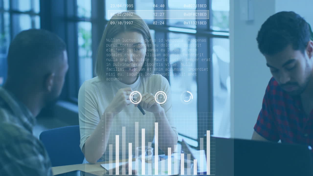 reunión de negocios con análisis de datos y animación de texto en un equipo diverso