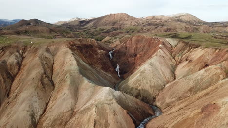 landscape of iceland, aerial view of glacial creek and waterfalls between volcanic hills in highlands