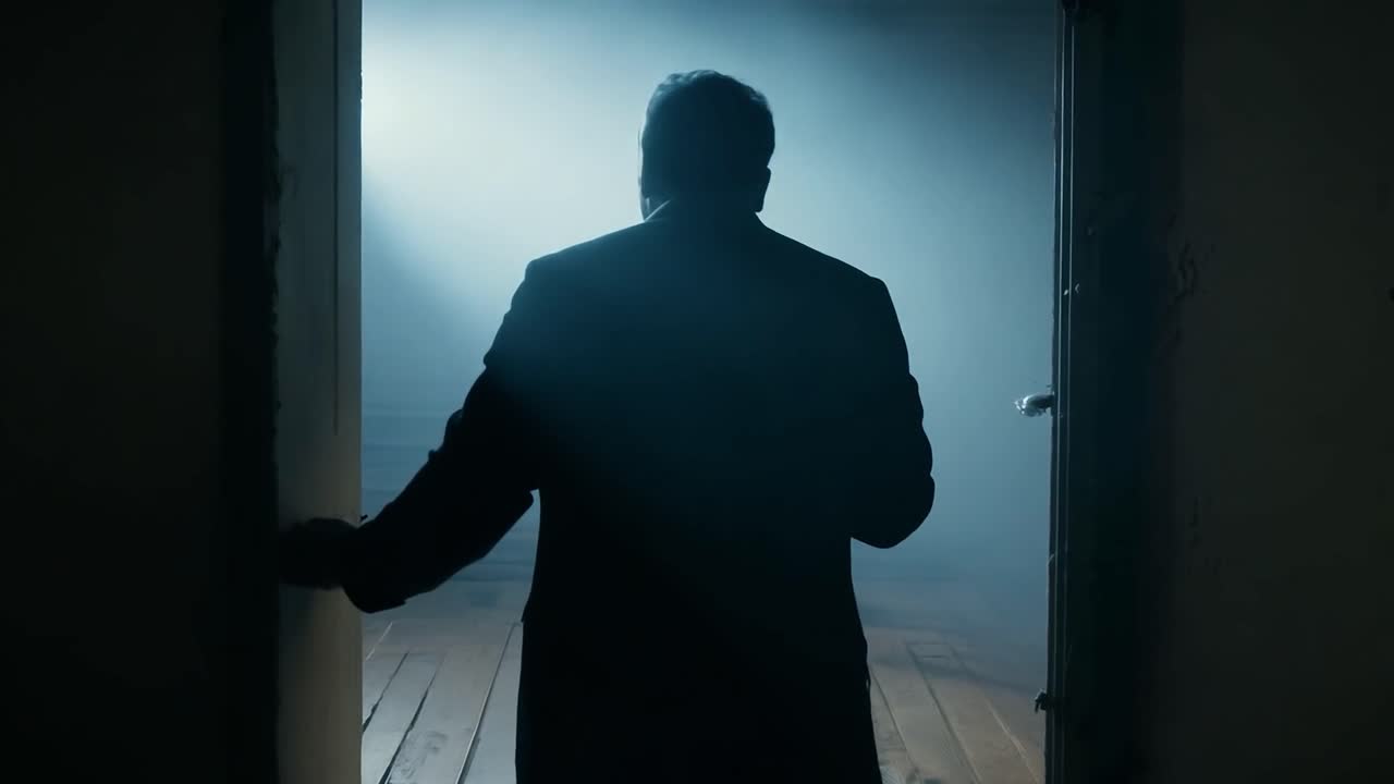 hombre saliendo de una habitación oscura