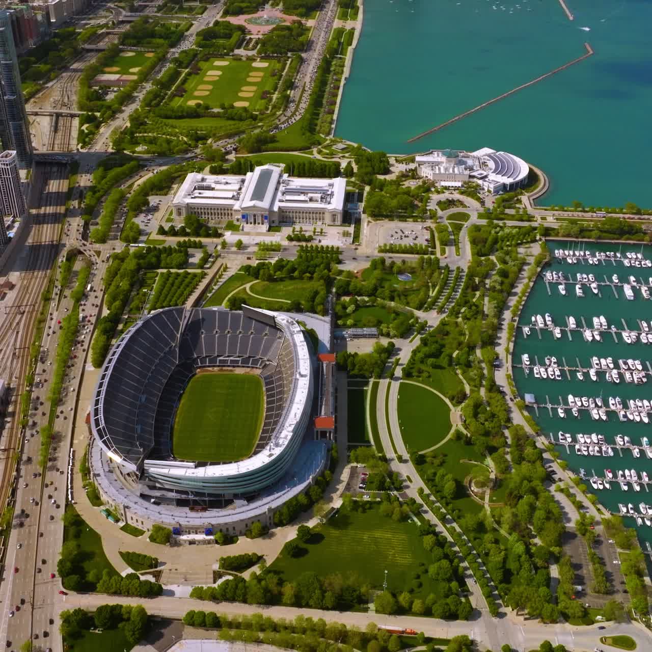 Soldier Field, Chicago Bears stadium, Chicago, Illinois. Great stadium in the green area beside busy roads and yacht club. Top view