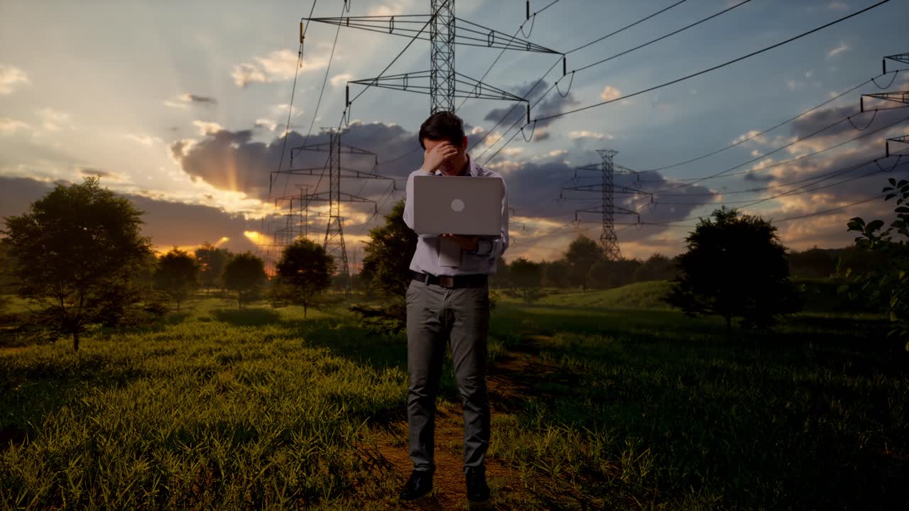 Stressed Man with Laptop in Field with Electricity Pylons at Sunset