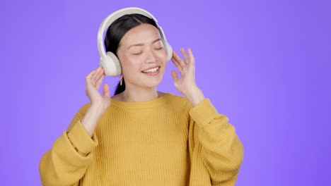 dance, headphones and music with asian woman