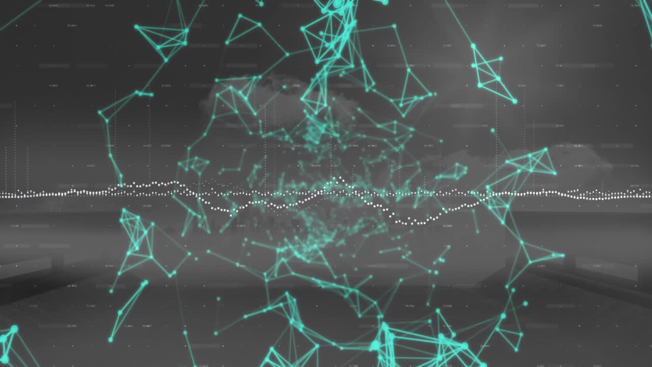 Animation of data processing and plexus networks against aerial view of cityscape