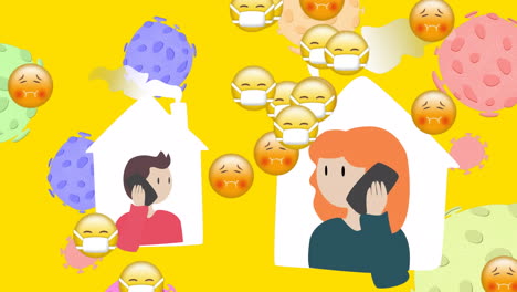 multiple face emojis over man and woman talking on smartphone at home icons against covid-19 cells