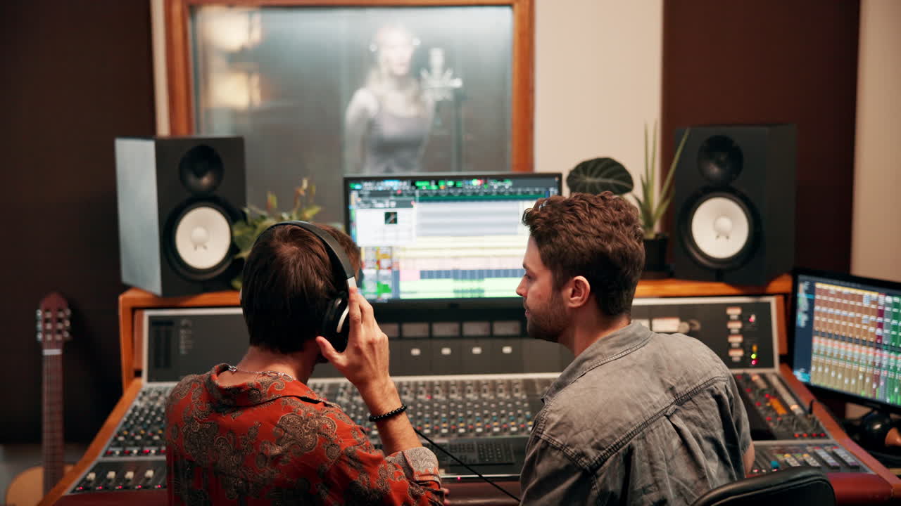 Ingegneri del suono in uno studio di registrazione che lavorano a una sessione di produzione musicale