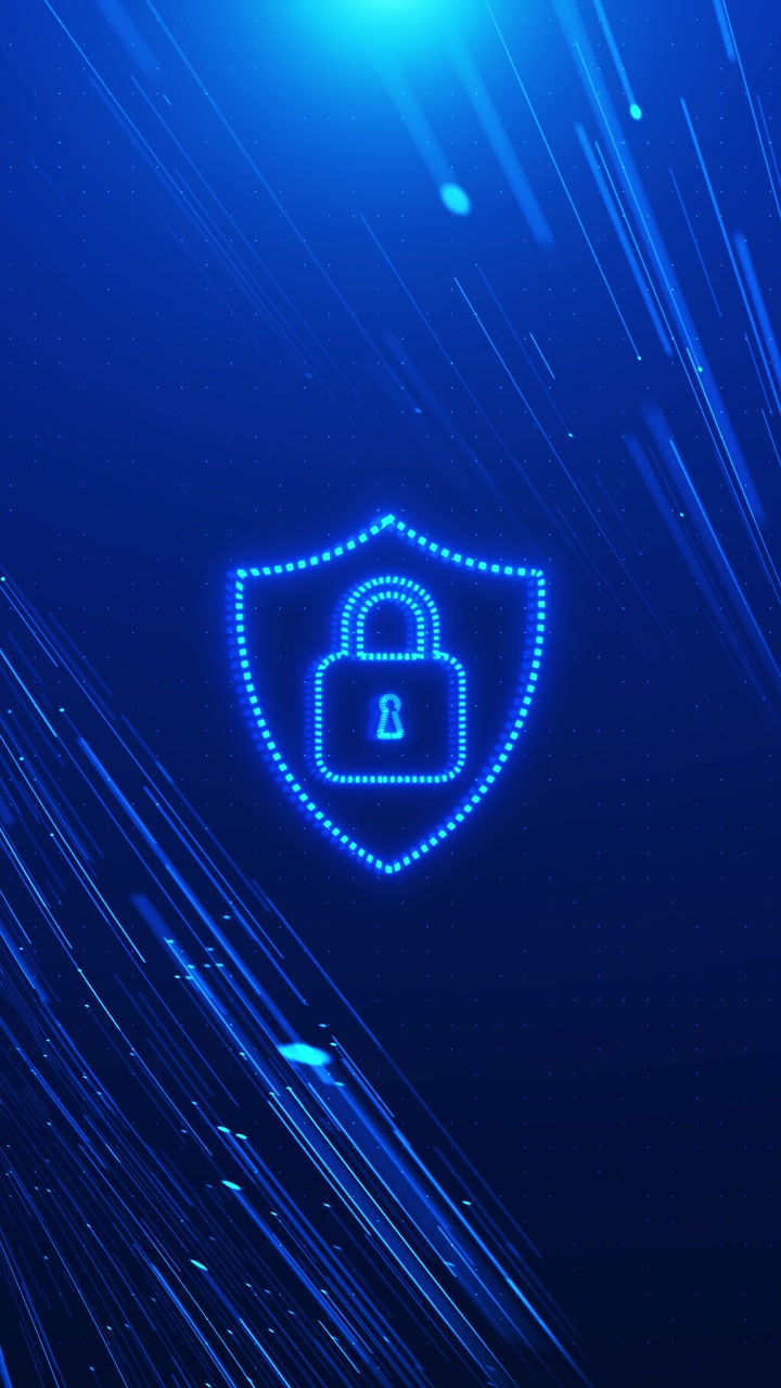 Blue cyber lock shield background with glowing dotted protection icon fast data streaks and digital