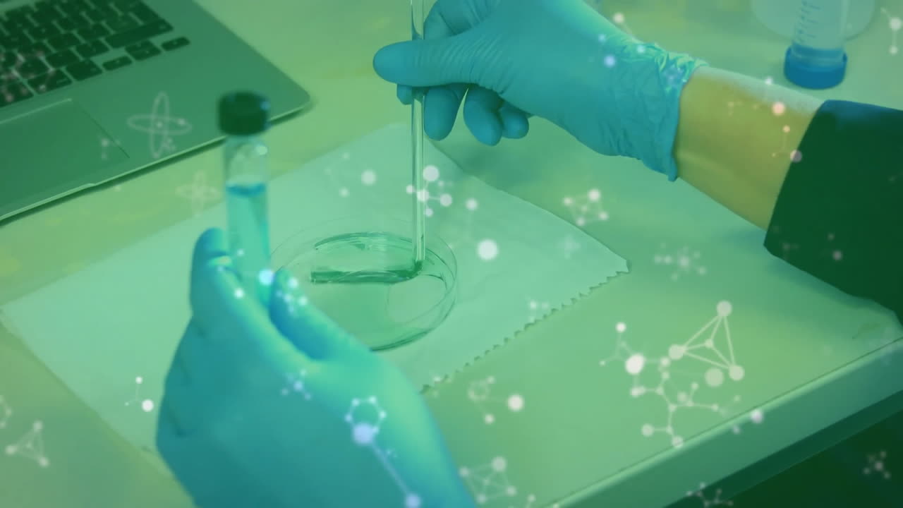 Animation of scientific data processing over caucasian male scientist in laboratory