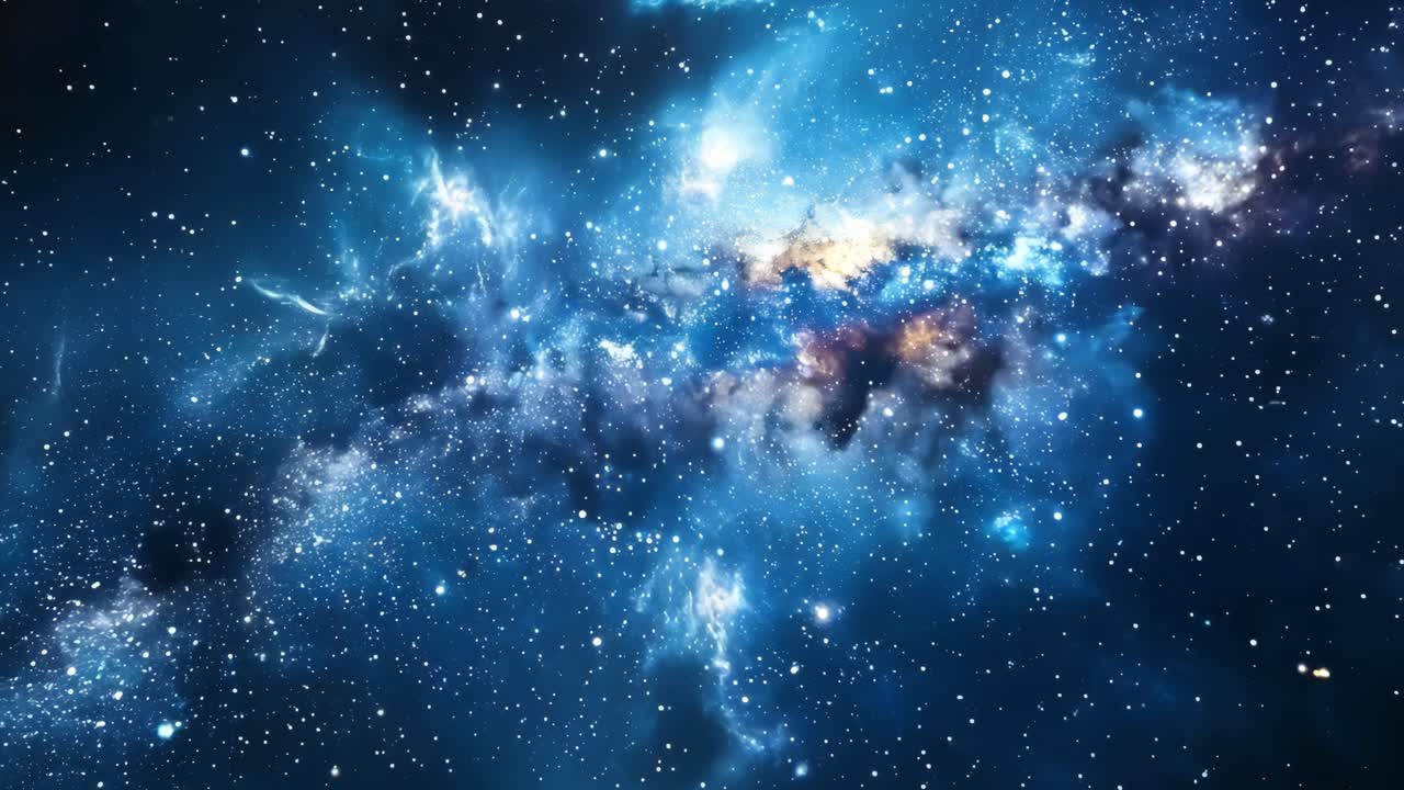 A blue sky with a large cloud in the middle. The sky is filled with stars and the cloud is white