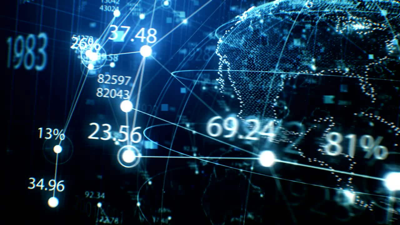 Blue Earth Hologram with Network, Numbers and Dots Seamless Turning in Close-up. Looped 3d Animation with DOF Blur. Futuristic Business and Technology Concept