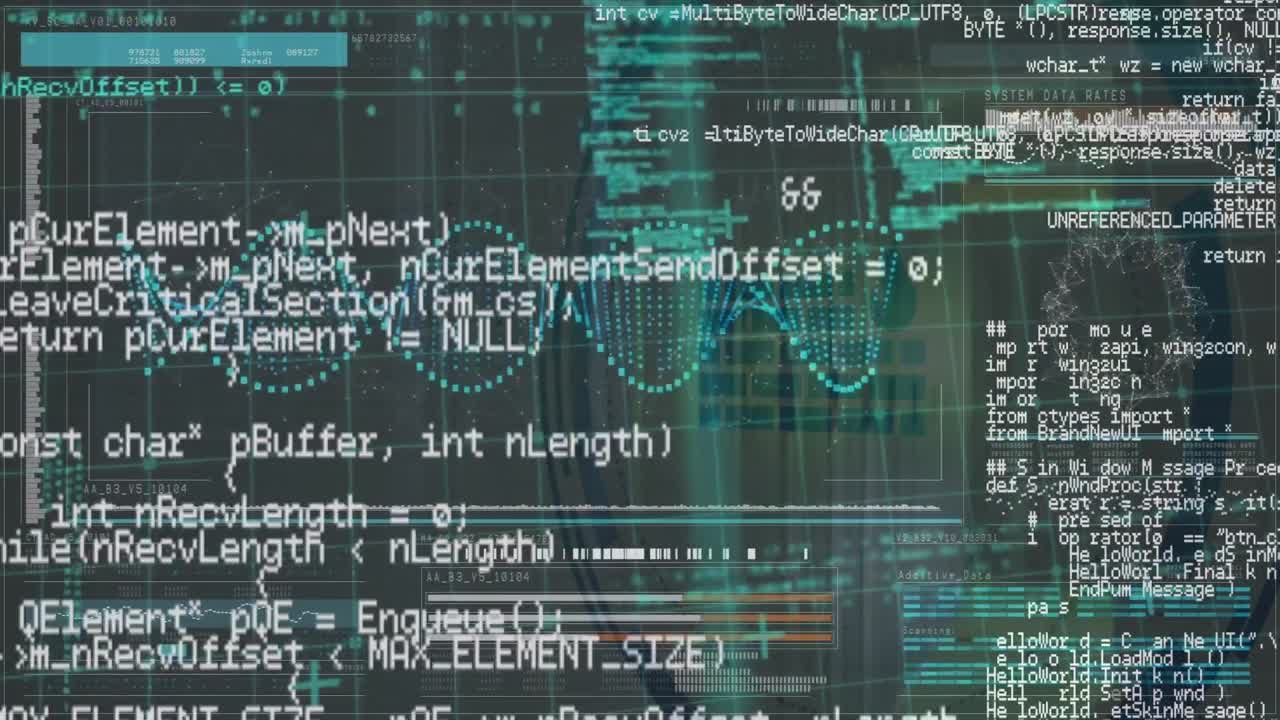 Animation of computer language over dna helix and loading bars against black background