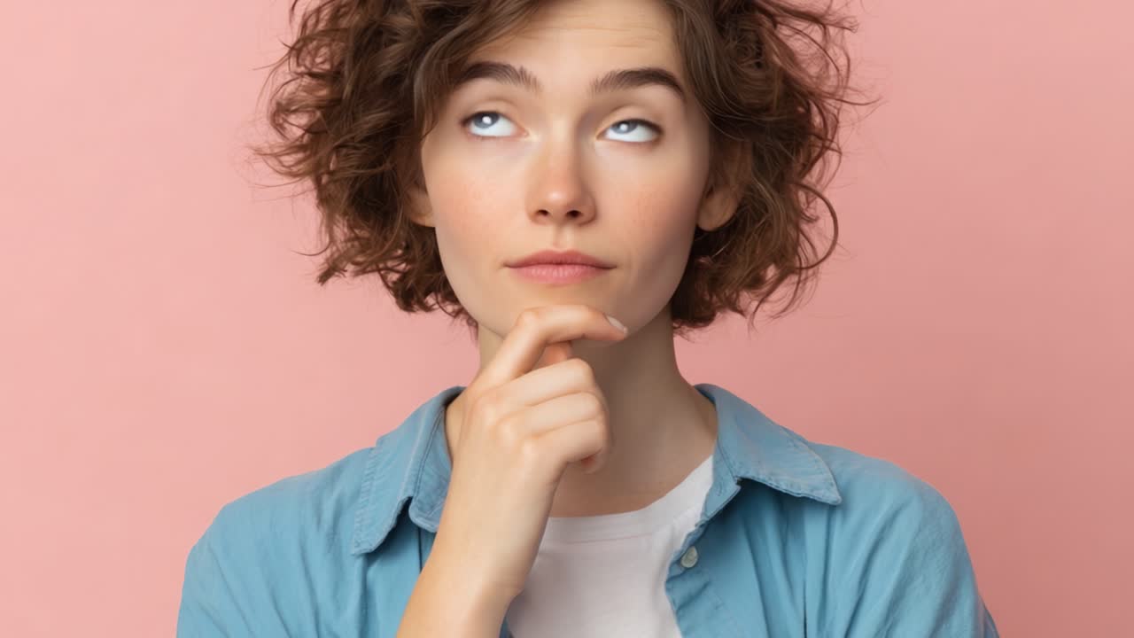 A Thoughtful Young Woman with Curly Hair Contemplates Ideas Against a Soft Pink Background, Expressing Curiosity and Reflection in Her Thoughtful Pose
