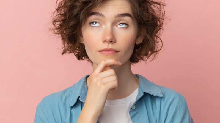 A Thoughtful Young Woman with Curly Hair Contemplates Ideas Against a Soft Pink Background, Expressing Curiosity and Reflection in Her Thoughtful Pose