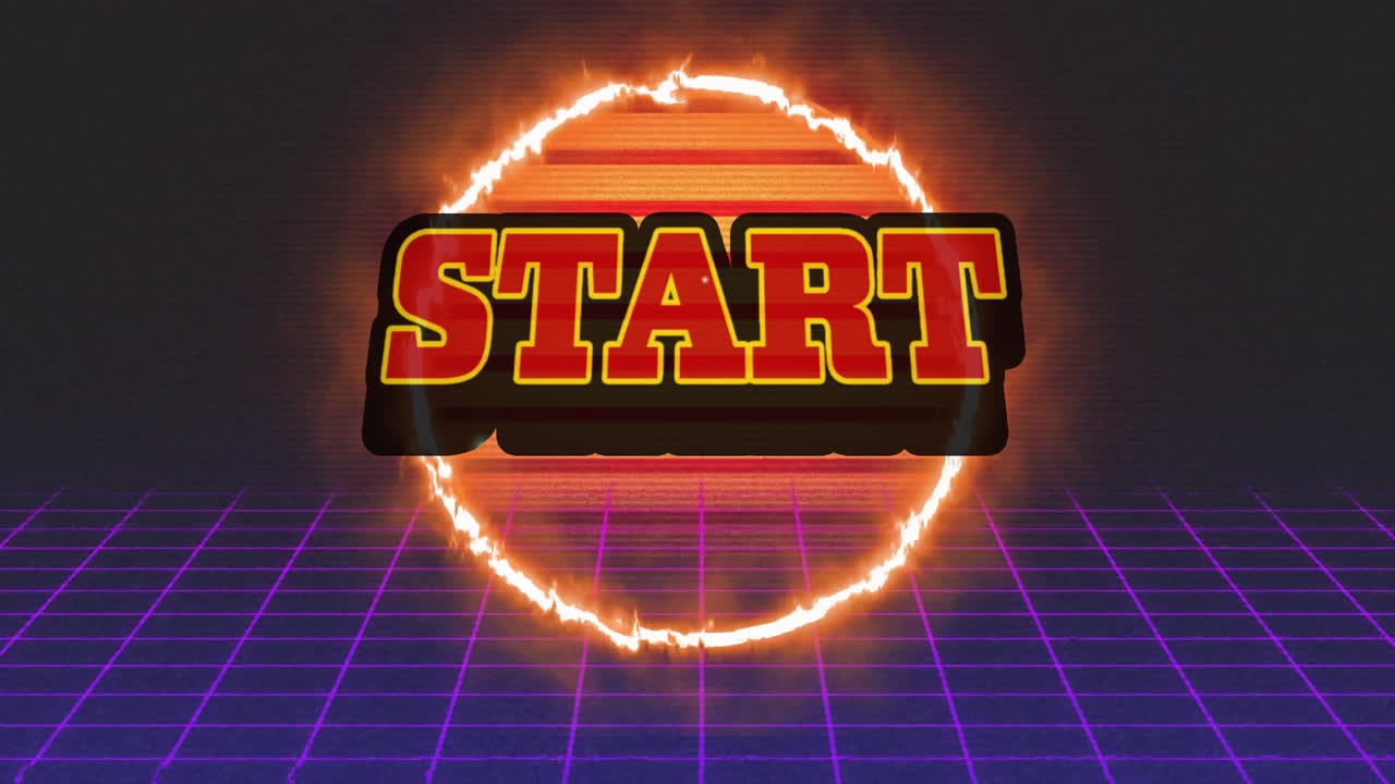 Animation of the word Start written in red letters with glowing grid