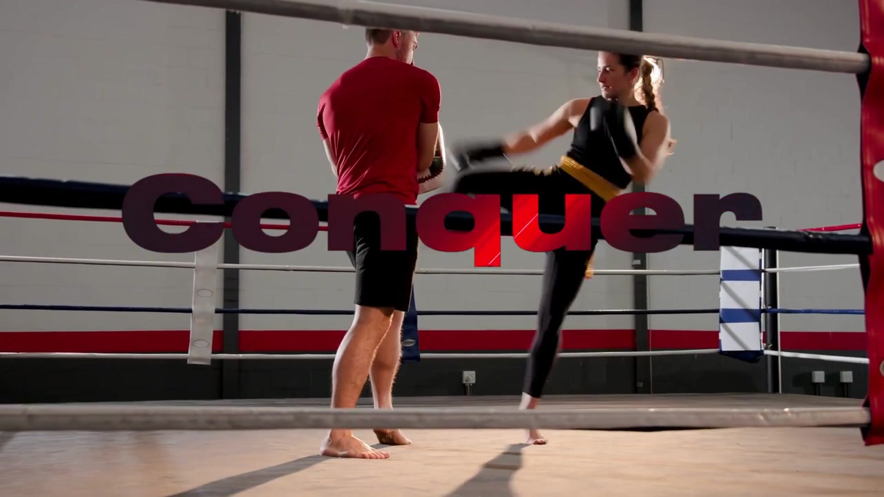 Coach holding pads, boxer advancing, striking jab-cross kicks for boxing power, Conquer overlaying