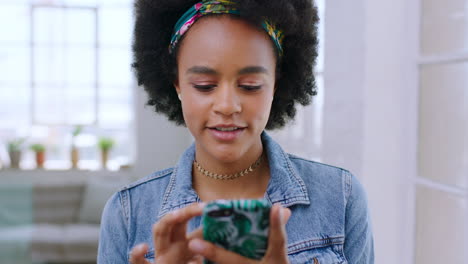 black woman, thinking and smartphone for social