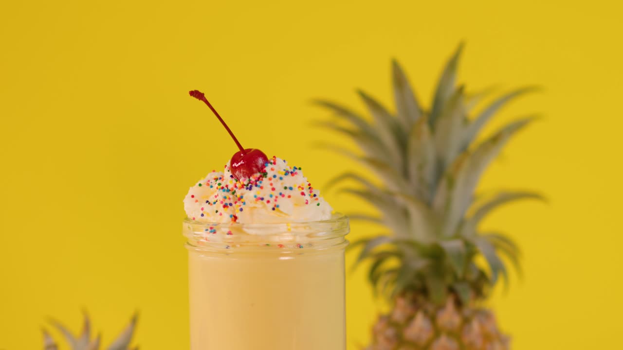 Hand places pineapple decoration on creamy smoothie with whipped cream, cherry, sprinkles, yellow background