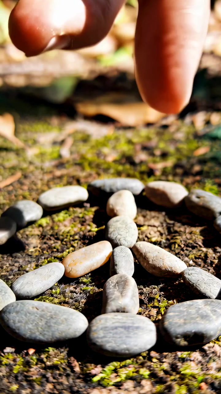 Vertical video: Entering frame, fingers placing central pebble on moss stump, finishing design