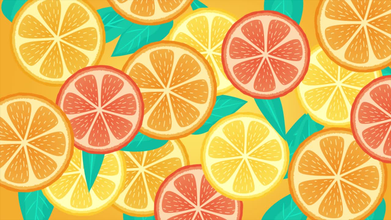 Animazione di fette d'arancia. Agrumi, pompelmo, limone, motivo animato in loop per sfondo, banner, presentazione, packaging, caffè. Frutta fresca, design estivo nei colori giallo brillante e arancione.