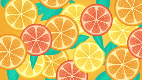 animación de rebanadas de naranja. cítricos, pomelo, limón patrón animado en bucle para el fondo, estandarte, presentación, embalaje, café. frutas frescas, diseño de verano en colores amarillo brillante y narenja.