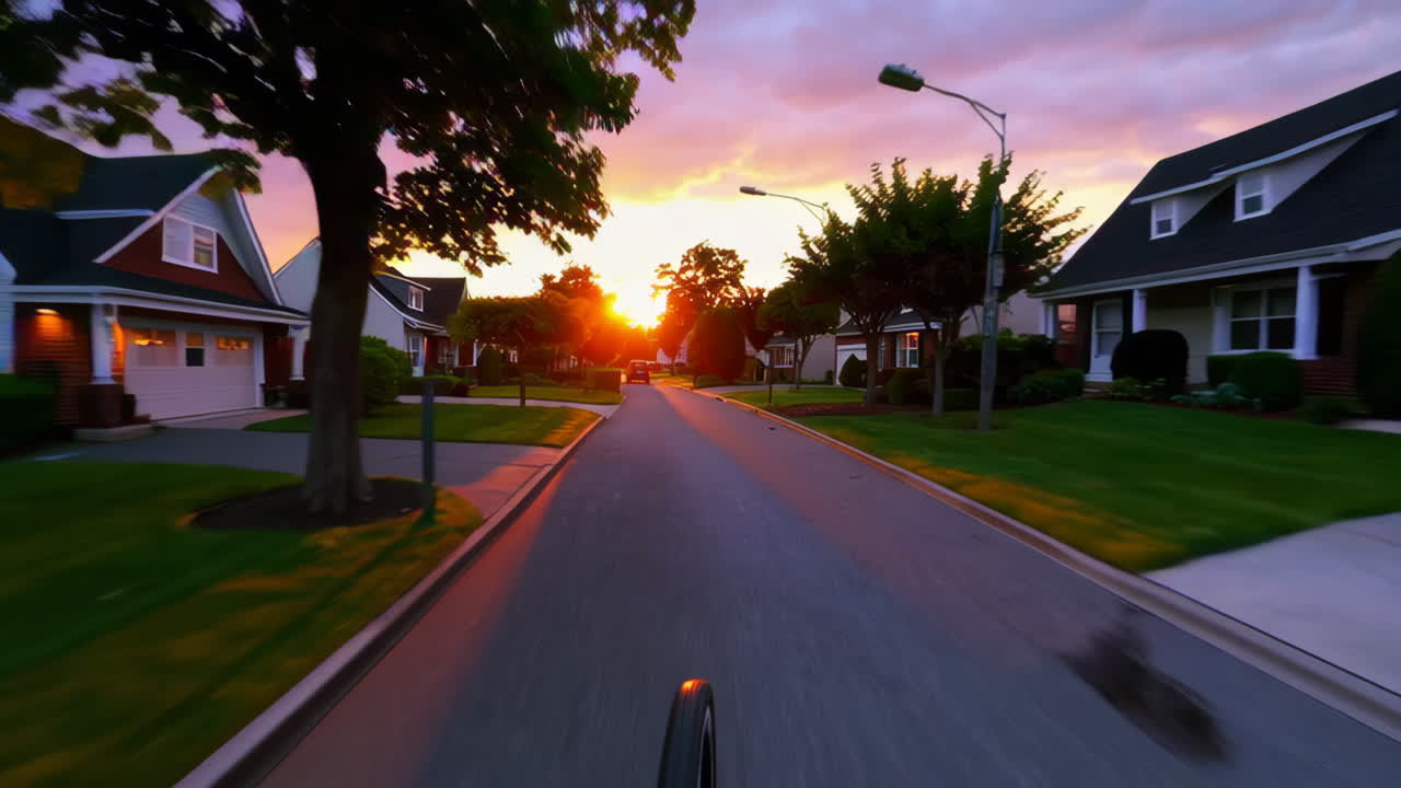 Sunset Drive Through Suburban Neighborhood