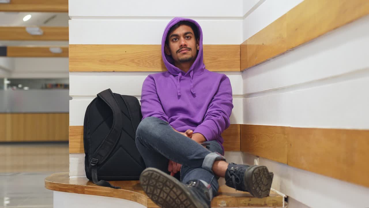 Uomo con una felpa viola con cappuccio seduto nell'angolo della stanza accanto al suo zaino, con le gambe incrociate, statico.