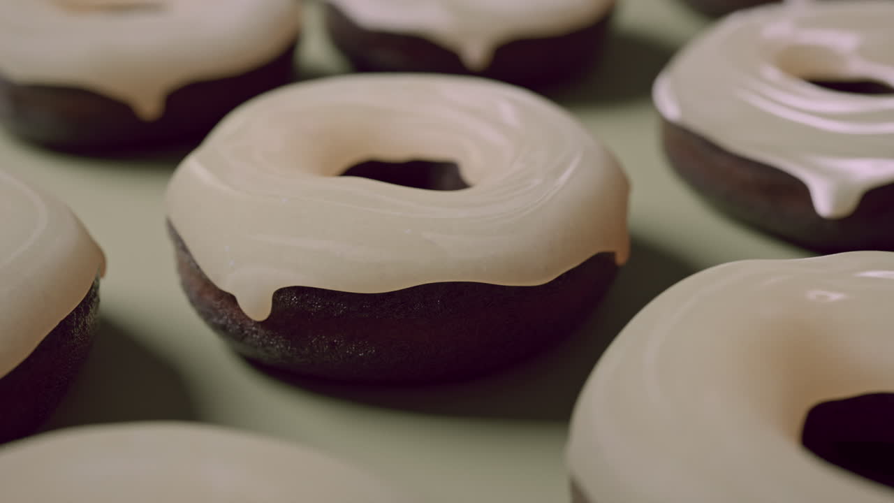 White glaze donuts on a light green background