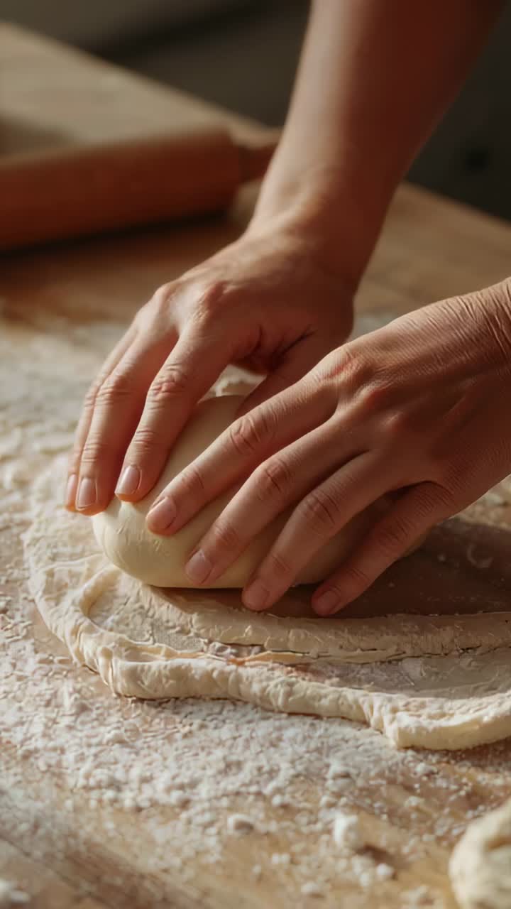 Video verticale: mani che sollevano un pezzo di pasta e lo modellano su una tavola infarinata per cuocerlo con un matterello