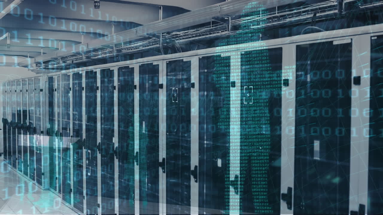 Animation of binary coding and data processing over computer servers