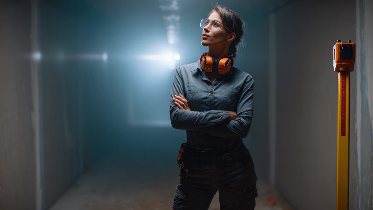 A Confident Female Worker in Construction Attire Poses in a Dimly Lit Corridor with a Spotlight Behind Her, Showcasing a Strong Presence and Professionalism in an Industrial Environment